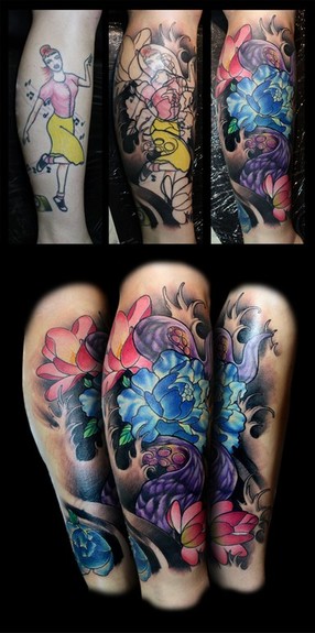 Cover up tattoo of Japanese flowers and an octopus tentacle