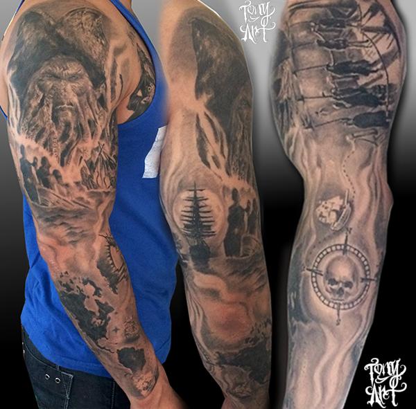 Pirates of the caribbean tattoo ,davy jones, pirates ,blackandgrey