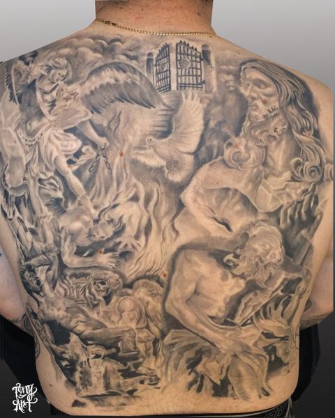 religious collage back piece black and grey by tony tapia religious collage back piece black and grey by tony tapia