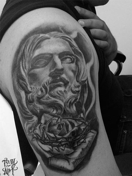 jesus tattoos,sculpture,Bernini ,black and grey tattoos,in progress,crown of thorns,rose,rose tattoos Tattoo Design Thumbnail
