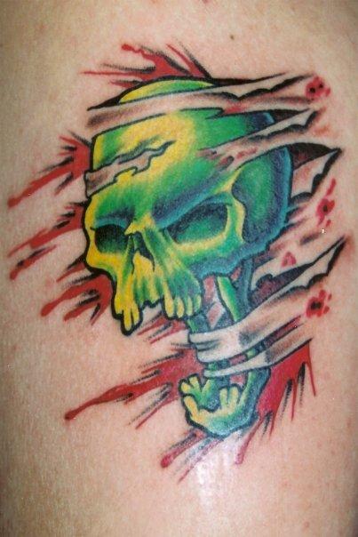 Travis Litke - Skull Rip Flesh Tear Blood Spray Skull Tattoo Hell Yeah!