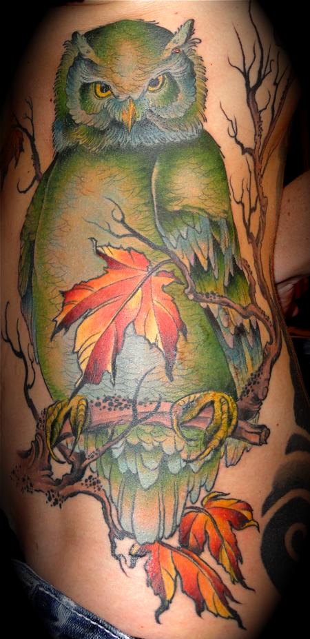 owl and maple leaves Tattoo Design Thumbnail