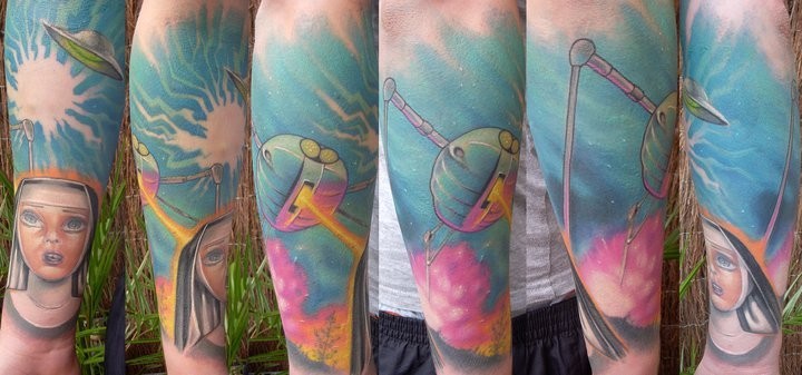 arm sleeve tattoo. Alien arm sleeve tattoo