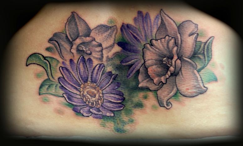 Kelly Doty - Aster and Daffodil tattoo. Large Image Leave Comment