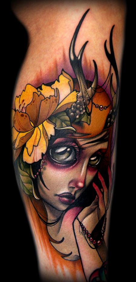 Kelly Doty - Autumn Deer Lady tattoo