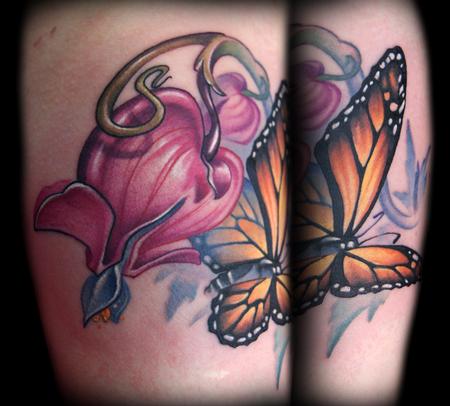 Kelly Doty - Bleeding Hearts and Monarch Butterfly tattoo