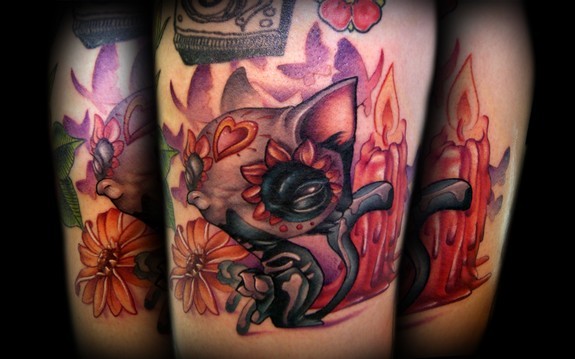 Kelly Doty - Day of the Dead Cat Scootin tattoo