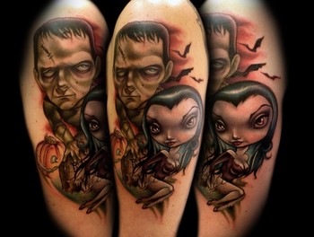 Kelly Doty - Frankenstein and Vampira tattoo