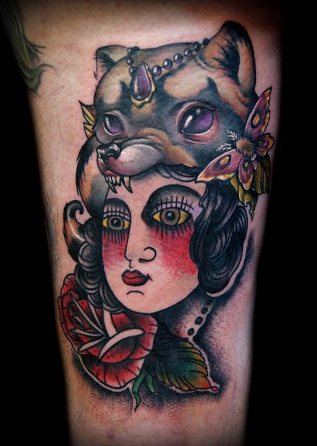 Kelly Doty - Lady Head Raccoon Hat collab tattoo with Adam Lauricella