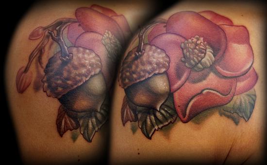 Kelly Doty - Magnolia and Acorn tattoo