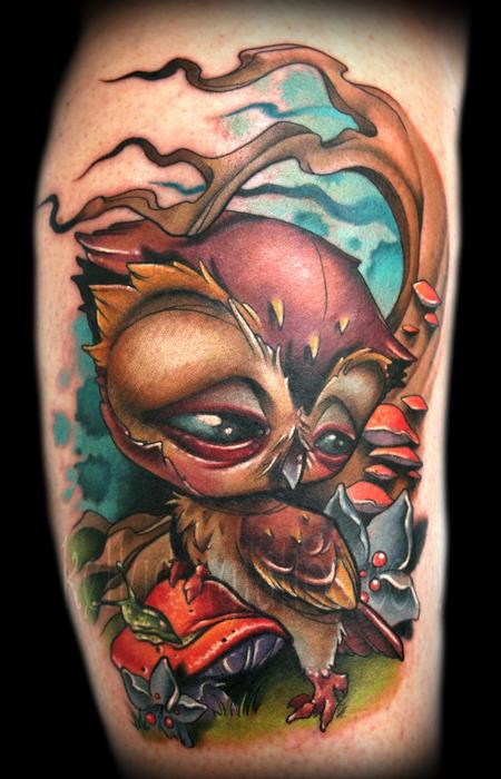 Kelly Doty - Owls conquer mushrooms tattoo