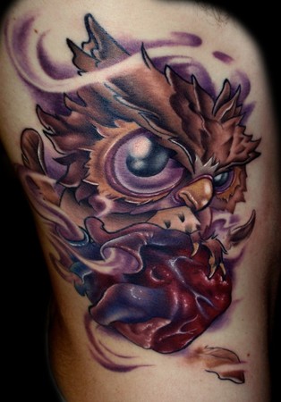 Kelly Doty Owl Clutching A Heart tattoo Large Image Leave Comment