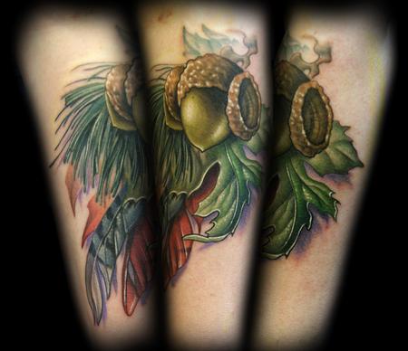 Kelly Doty - Pine, Oak, Acorns and Feathers tattoo