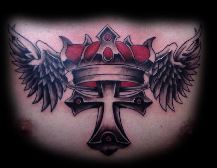 Tattoos North Carolina Cross Crown and wings across the chest