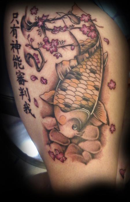 Koi tattoo with the kanji for only god can judge me on a clients thigh