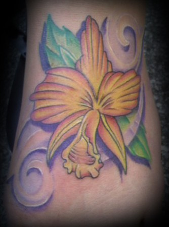 orchid tattoos. Stylized orchid on the foot.