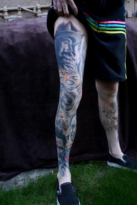 Ty McEwen portrait leg sleeve tattoo