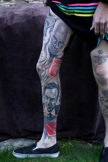 black and grey tattoo portrait tattoo leg sleeve tattoo ty McEwen tattoos