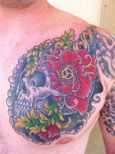 Dan Berk - Skull on chest with flower