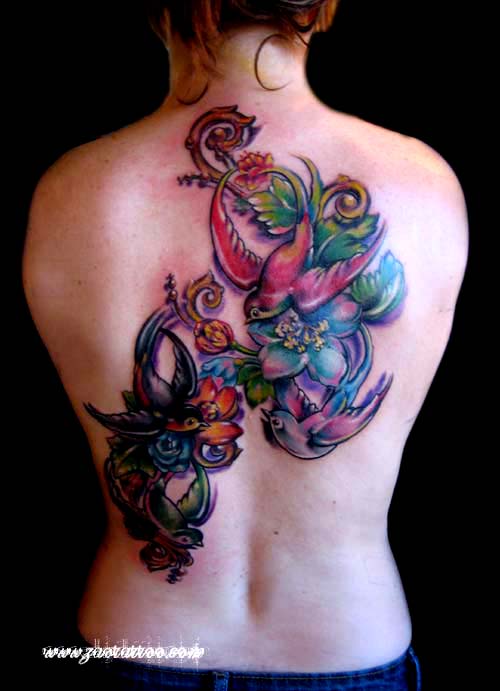 Tattoos Muriel Zao Sparrows and Flowers Tattoo