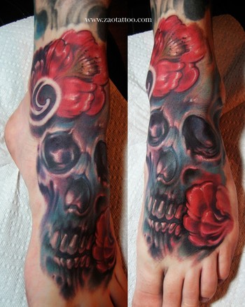 Skull and Flowers Foot Tattoo