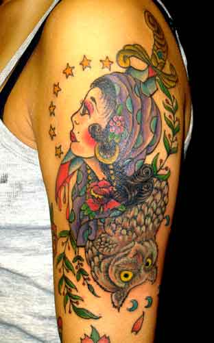 Tattoos - Alex Sherker - Gypsy girl and Owl