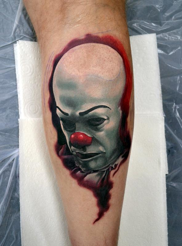 Pennywise IT Calf Portrait Tattoo by Alan Aldred Tattoos