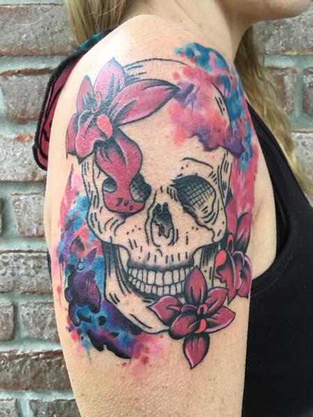 Tattoos - trippy skull with lilies  - 127325
