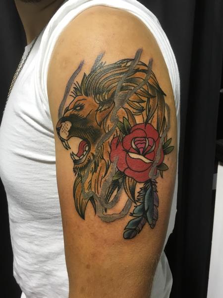 Tattoos - Lion & Traditional Rose - 128436
