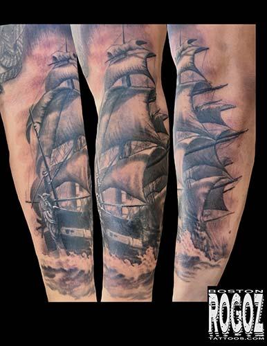 Boston Rogoz - Black and grey ship tattoo