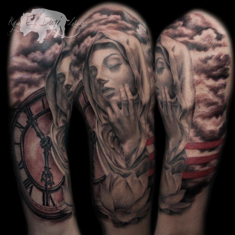 Tattoos - Virgin Mary touching Face and clock - 116707