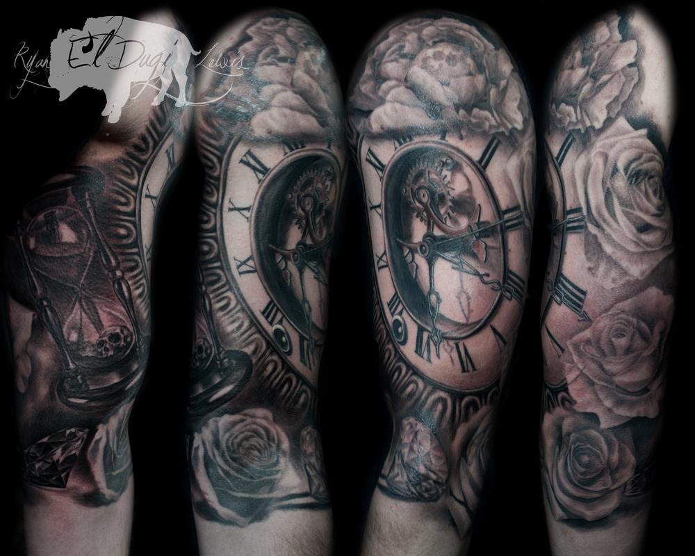 Tattoos - Clock flowers diamonds and hourglass  - 116708