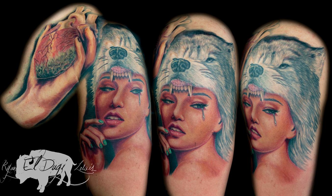 Tattoos - Wolf warrior native Girl  - 100605