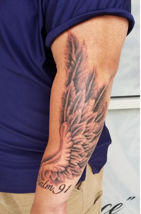 Tattoos - black and grey angel wing - 140063