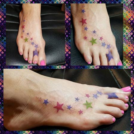 Tattoos - Colorful Stars Tattoo up the Foot - 127032