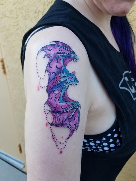 Vibrant Watercolor Bat Tattoo Thumbnail