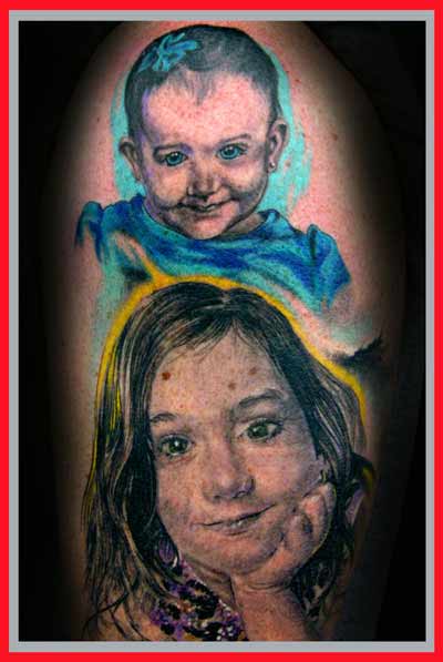 arm tattoos for girls. Children portraits tattoos.