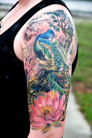  this half sleeve oriental bird with lotus Full color oriental tattoo