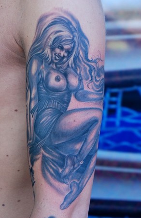 Black and gray Girl tattoo Pin up tattoo style