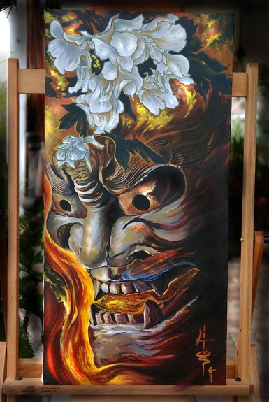 ONI MASK Comments ORIGINAL ACRYLIC on canvas 15x 30 unframed