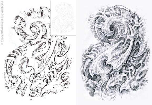 Tattoos - Online collaboration by Don McDonald and Guy Aitchison, steps 1-2; from The Biomech Encyclopedia - 72629