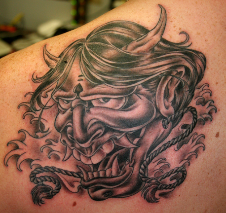 Hannya Mask Tattoo by gas mask tattoo. Hannya Mask Tattoo by
