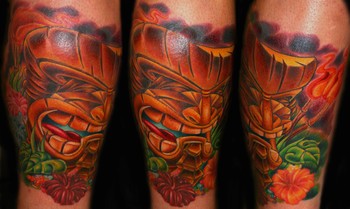 Tattoos - Tim Harris - Tiki God and Hibiscus Flowers