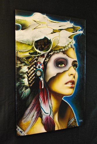 Cherokee Indian painting art canvas airbrush girl skull bone feathers warpaint muecke tattoo 