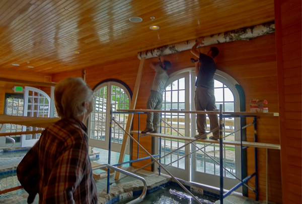 birch log installation church landing