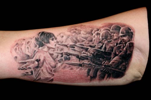Very cool tattoo idea Its a girl standing in front of a row of soldiers as 