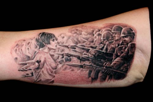 Very cool tattoo idea Its a girl standing in front of a row of soldiers as