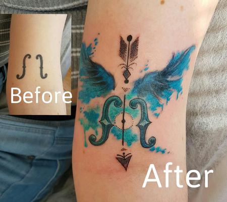 Steve Malley - Watercolor Dotwork Wings Coverup Tattoo