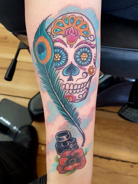Steve Malley - Sugar Skull and Peacock Feather Feminine Tattoo