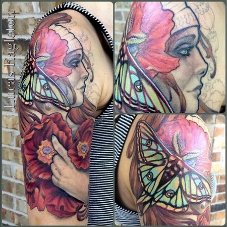 Tattoos - Art Nouvea Woman with Poppies and Luna Moth - 109485
